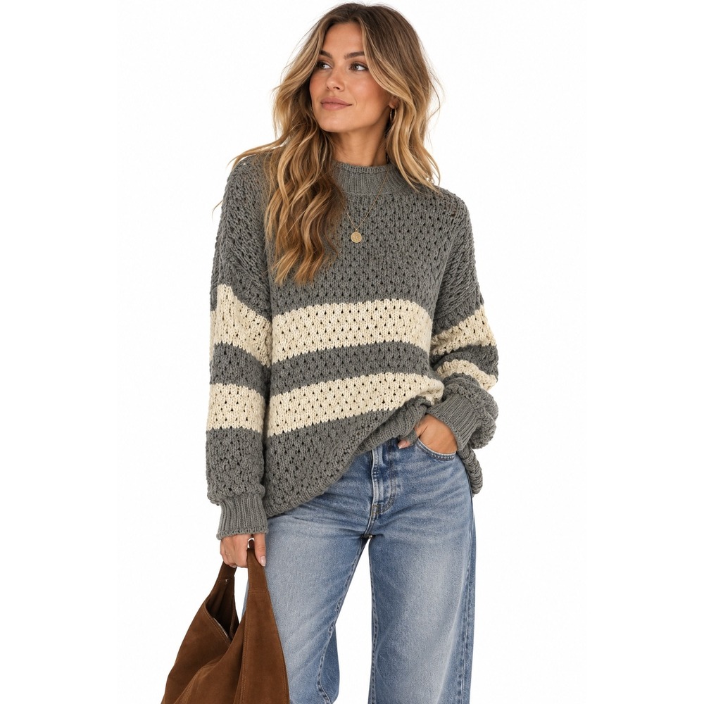 Knot Sisters Striped Knit Sweater Women Gray Cream Mock Neck Coastal Minimalist